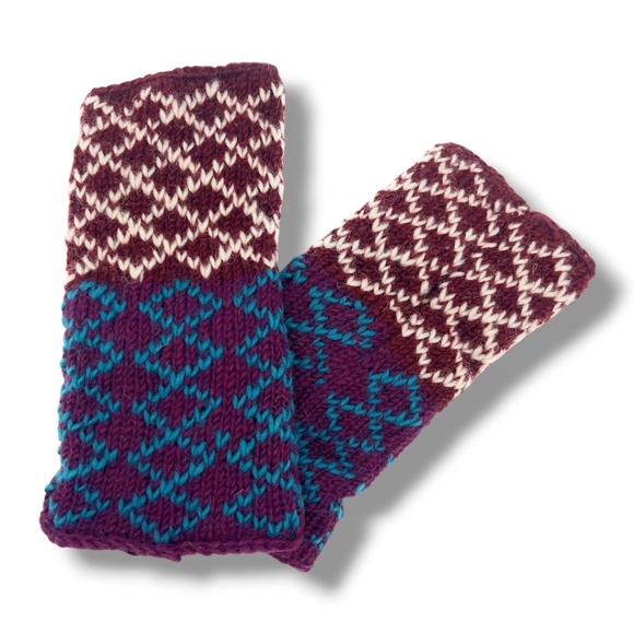 New Wool Fingerless Hand Knit Gloves Fleece Lining Arm Warmer Diamond NEW - Picture 2 of 5